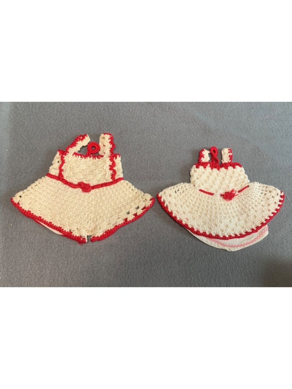 Hand-Crocheted Dress Potholders Cream Red Trim Retro Kitchen Vtg